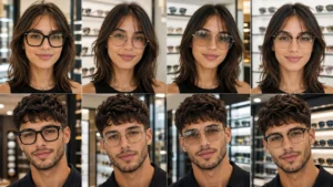 Man and woman wearing oversized, round, square, and browline glasses suitable for an oblong face shape.
