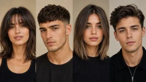 Popular hairstyles for men and women that complement an oblong face shape by adding width and creating balanced proportions.