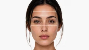 Close-up portrait showing measurement lines for forehead, cheekbones, jawline, and face length to identify an oblong face shape.