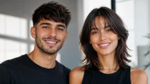 Man and woman with oblong face shapes demonstrating balanced facial proportions and flattering hairstyles.
